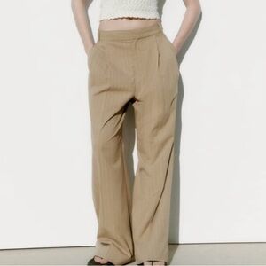 Zara Tan White Pinstripe Medium Waisted Mid Rise Wide Leg Pants Trousers